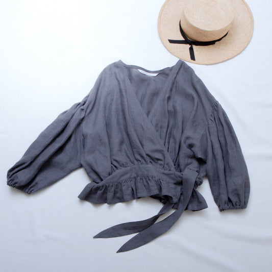 Cache-coeur 荷葉邊亞麻短上衣/灰色