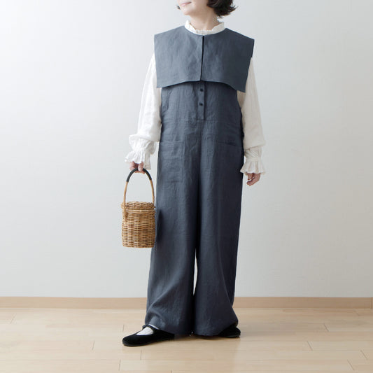 方領亞麻連身褲/黑色