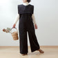方領亞麻連身褲/黑色