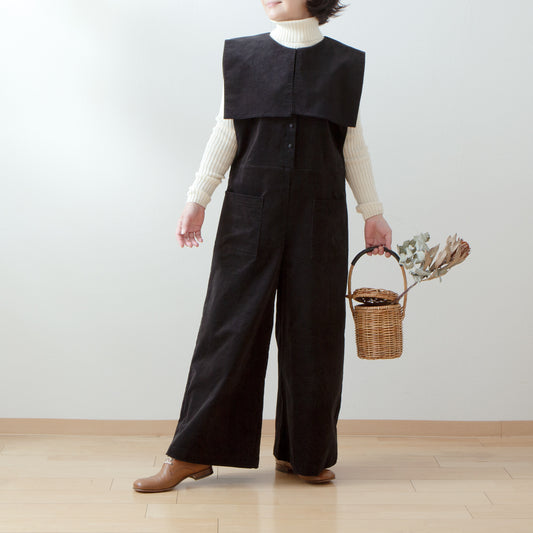 別珍スクエア衿付きオールインワン/ブラック