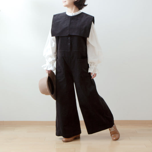 方領亞麻連身褲/黑色