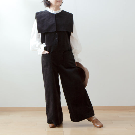 方領亞麻連身褲/黑色