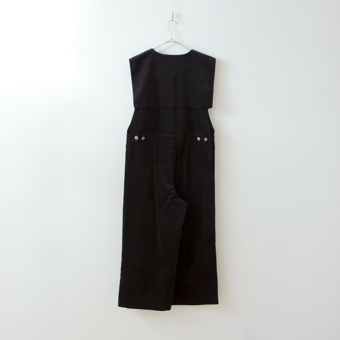 方領亞麻連身褲/黑色