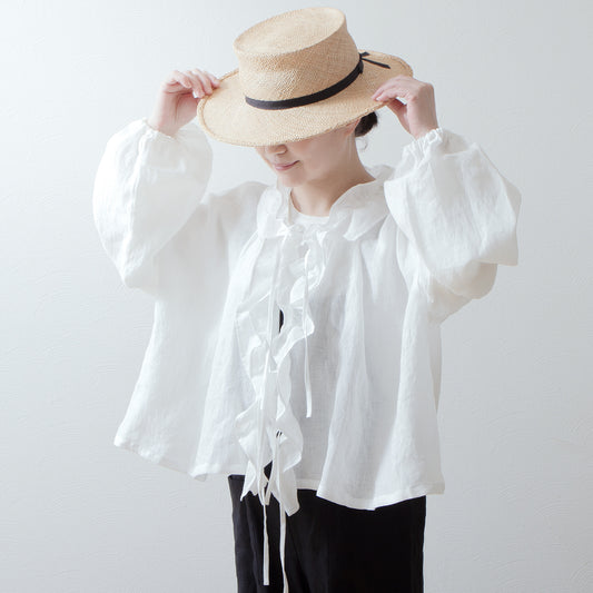 フリルカラーリネンブラウス/オフホワイト