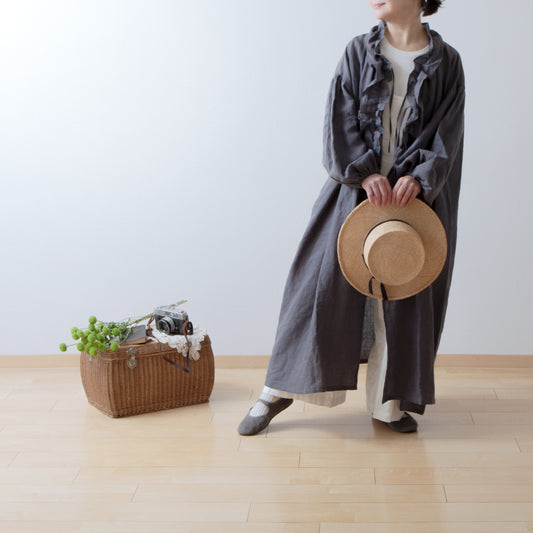 フリルカラーリネンワンピース/グレー