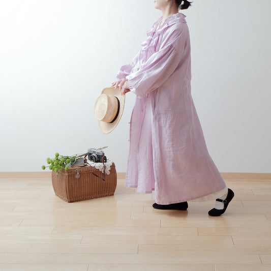 フリルカラーリネンワンピース/ピンク