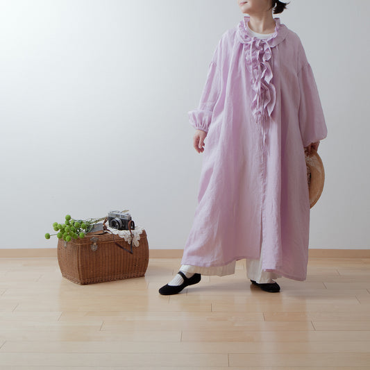 フリルカラーリネンワンピース/ピンク