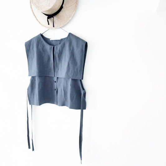 方領亞麻背心/灰色