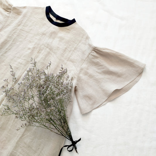 喇叭形半袖A字亞麻洋裝/米色