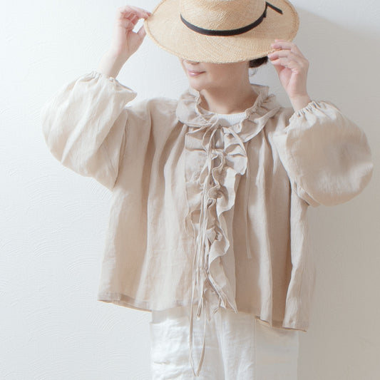 フリルカラーリネンブラウス/ベージュ