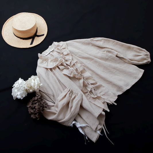 フリルカラーリネンブラウス/ベージュ