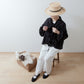 Yoke Layer Gathered Sleeve Linen Dress/Black