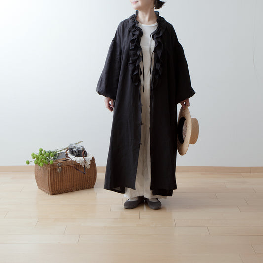 フリルカラーリネンワンピース/ブラック