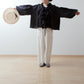 Yoke Layer Gathered Sleeve Linen Dress/Black