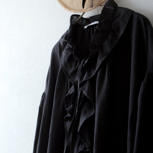 フリルカラーリネンワンピース/ブラック