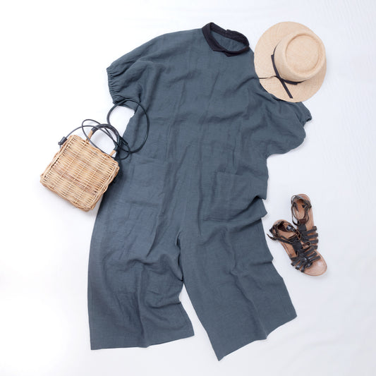 牧師領蝙蝠袖亞麻半袖連身衣/灰色