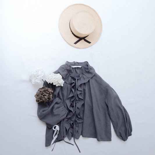 フリルカラーリネンブラウス/グレー