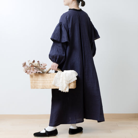 雙袖A字亞麻連身裙/紫色海軍藍