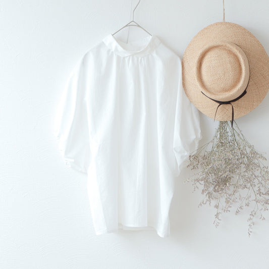 交叉領蝙蝠袖半袖棉質襯衫/米白色