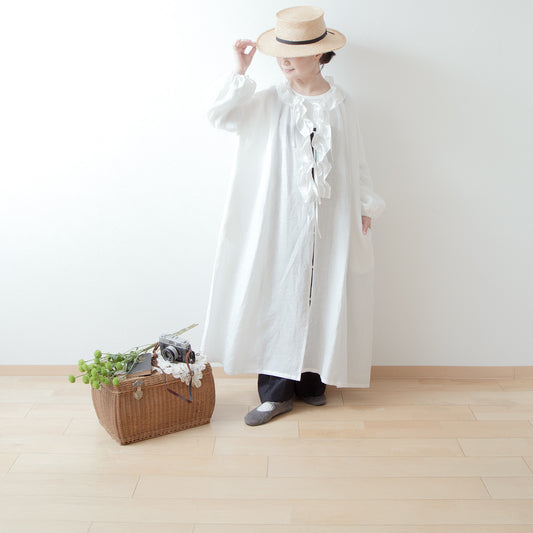 フリルカラーリネンワンピース/オフホワイト