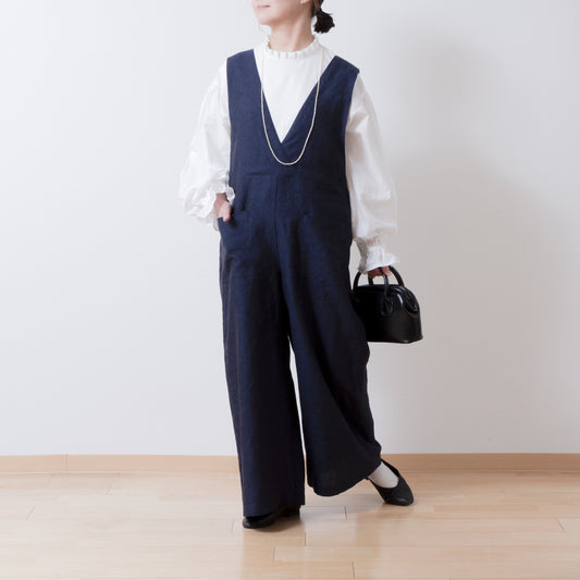 成人寬褲裝連身褲 - 亞麻/海軍藍