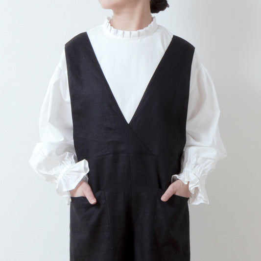 優雅的褶邊領 *非常適合儀式* 背扣褶皺袖棉質襯衫/米白色