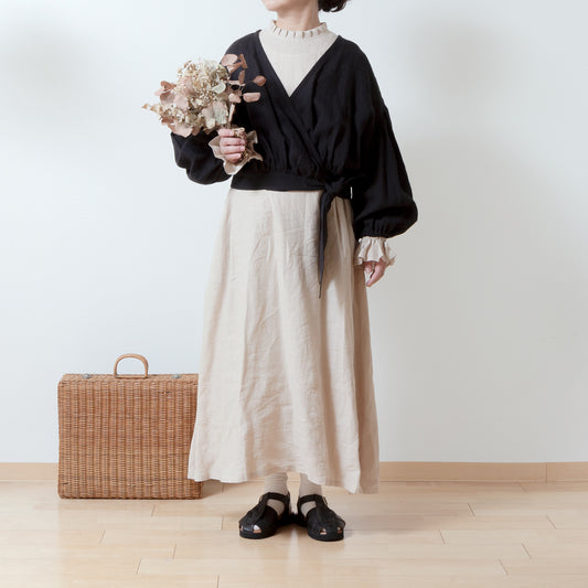 Cache-Coeur 褶皺兩用襯衫 - 法國亞麻/黑色