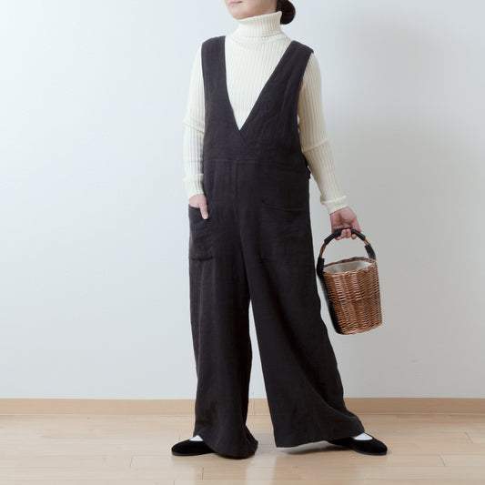 成人寬褲裝連身褲 - 亞麻斜紋拉絨/黑色