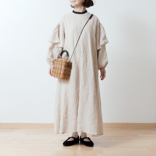 雙袖A字亞麻洋裝/米色