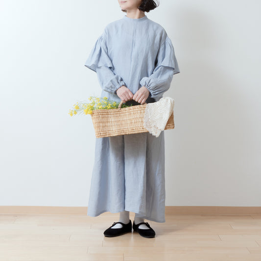 雙袖A字亞麻連身裙/淡藍色