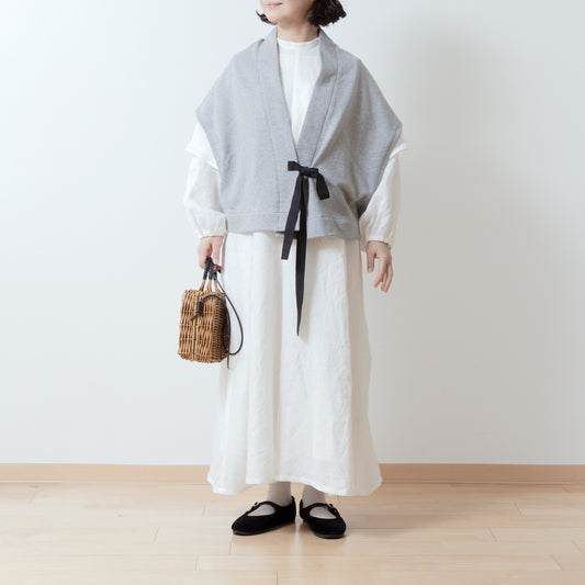 棉質羊毛半披肩背心,配緞帶/上衣,灰色