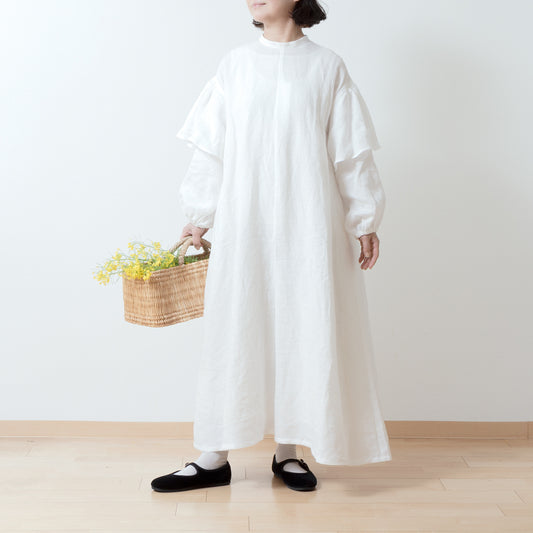 雙袖A字亞麻連身裙/米白色