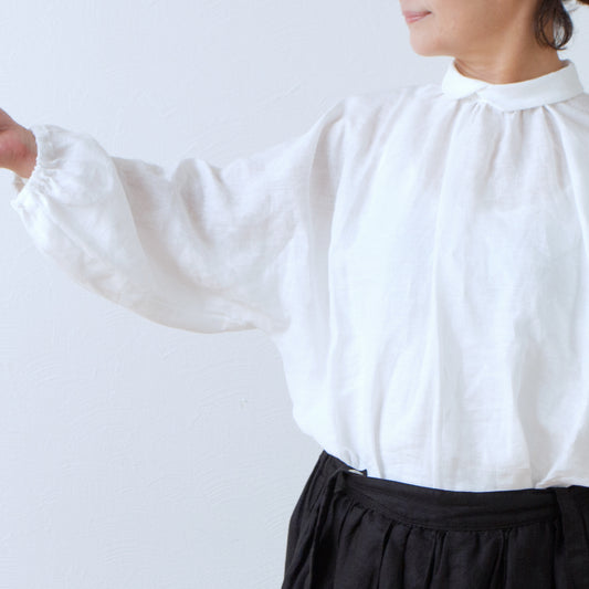 法式亞麻襯衫,寬袖設計,後背紐帶包邊,成熟可愛,七分袖,白色