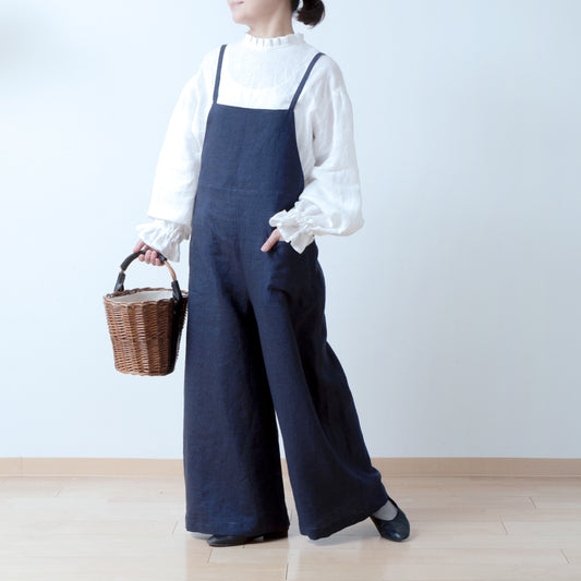 成人寬鬆可愛工裝褲 - 亞麻/海軍藍錢布雷